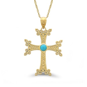 14K Solid Gold Armenian Cross Necklace with Genuine Turquoise Stone – Religious Pendant on 18” Gold Chain, Armenian Jewelry, Armenian Cross