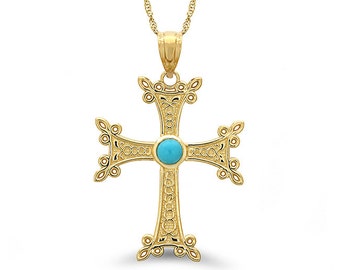 Collar con cruz armenia en oro de 14 quilates: colgante religioso de turquesa, cadena de 45 cm