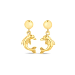 14k solid gold dolphin post drop earrings.