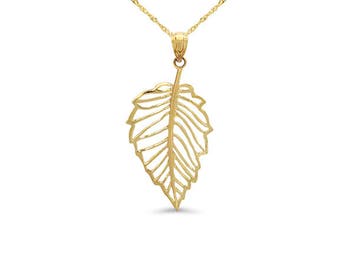 14k solid gold cutout leaf pendant on 18" solid gold chain. Leaf jewelry.