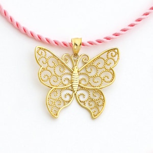 14K Solid Yellow Gold Filigree Butterfly Pendant