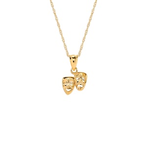 14k Solid Gold Comedy Tragedy Mask Pendant Necklace - 18&quot; Chain