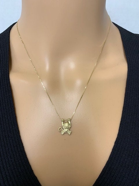 14K Solid Gold Swinging Monkey Pendant Necklace on 18