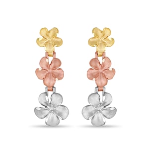 14k Solid Gold Tri Color Plumeria Earrings, Drop earrings, Floral Earrings