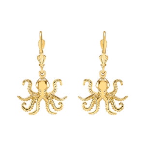 14k solid gold Octopus Lever earrings. Sealife earrings.