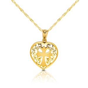 14k solid gold heart with cross pendant with 18&quot; chain. religious jewelry