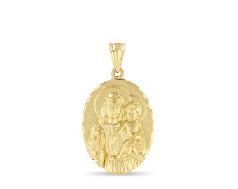 14k solid gold virgin mary with baby jesus pendant. Religious jewelry.