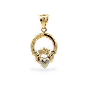 14K Two-Tone Solid Gold Claddagh Pendant – Irish Love, Loyalty & Friendship Jewelry, Polished Finish Celtic Necklace Charm, Small Pendant