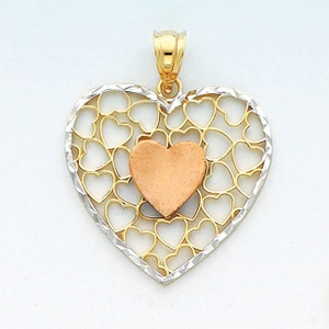 14K Tricolor Gold Heart Pendant – Rose, White & Yellow Gold Open Heart Design with Diamond-Cut Border and Center Accent
