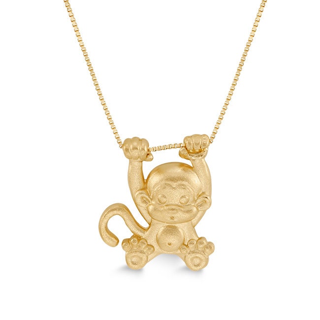 14K Solid Gold Swinging Monkey Pendant Necklace on 18