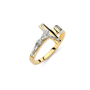 14K Two-Tone Gold Crucifix Cross Ring – Religious Faith Jewelry for Men & Women