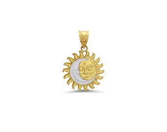 14k solid gold two tone sun and moon pendant.
