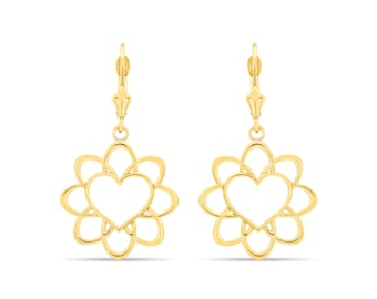 14k Solid Gold Heart Drop Earrings on Fleur de Lis Lever backs.