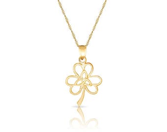 Collar con colgante de trébol de oro macizo de 14 k: amuleto irlandés de la buena suerte