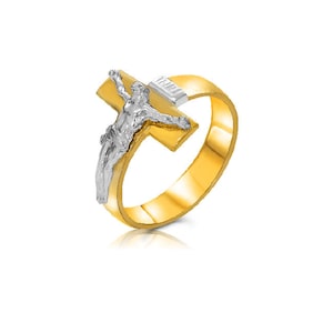 14K Two-Tone Gold Crucifix Cross Ring – Religious Jesus Ring in Yellow and White Gold