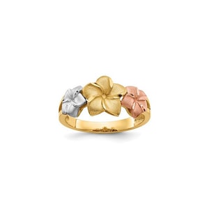Bague plumeria tricolore en or 14 carats. bague plumeria, bague fleur, fleur, plumeria, floral