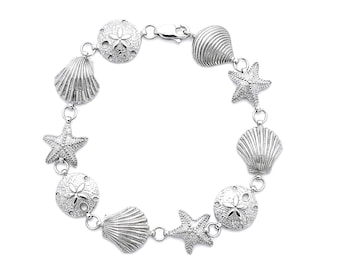 Sterling Silver Seashell, Sand Dollar & Starfish Bracelet – Nautical Beach Jewelry for Ocean Lovers