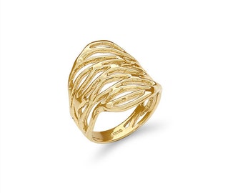 14k solid gold wave ring. high polish finish ring or index finger ring.