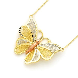 14k Tricolor Gold Filigree Butterfly Pendant Necklace