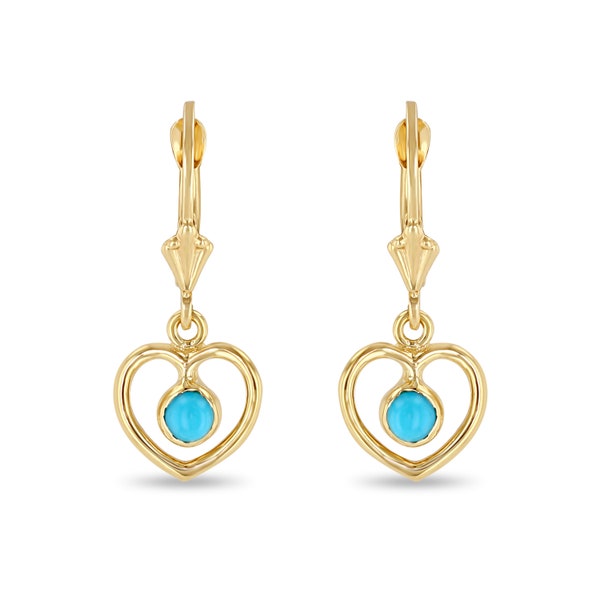 14k solid gold heart earrings on fleur de lis lever backs with genuine turquoise stone.