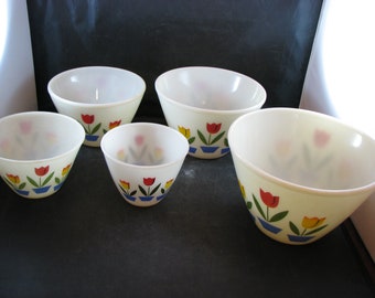 Vintage Fire King Tulip Mixing Bowl Set and Grease Jar