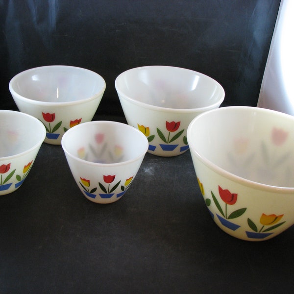Vintage Fire King Tulip Mixing Bowl Set and Grease Jar
