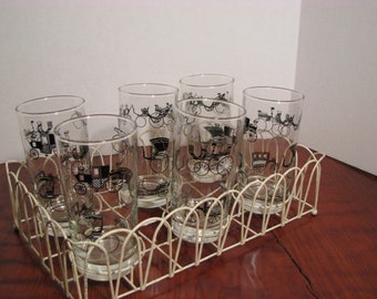 Set of 6 Vintage 12 Ounce Glass Tumblers with Antique Cars and Rack