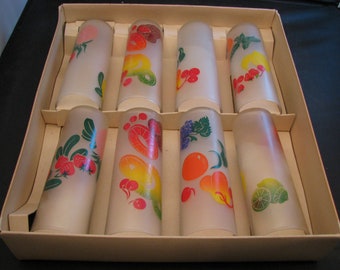 Vintage Mid-Century Federal Glass Colorful Fruit Tumblers - Set of 8 With Original Box