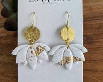 White and Gold Lotus Flower Polymer Clay Earrings, Gold Crackle/ Marble