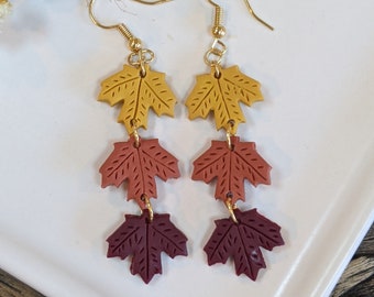 Leaf Dangle Polymer Clay Earrings, Fall earrings, Handmade, Lightweight, Modern Earrings