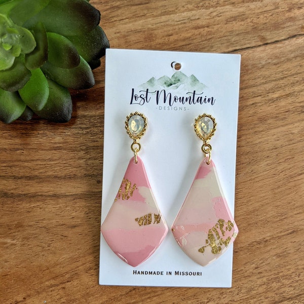 Dusty Rose/Beige Terrazzo with Rhinestone Post Polymer Clay Earrings, Gold Leaf