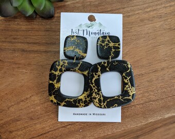 Black and Gold Square Post Polymer Clay, Painted gold Crackle/ Marble