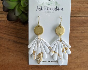 White and Gold Scalloped Polymer Clay Earrings, Painted gold Crackle/ Marble