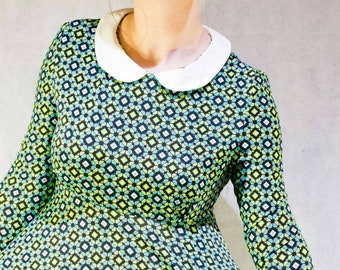 Unique one if a kind Green and Black Geometric Print Peterpan Collar Dress (UK 8/10)