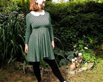 Unique one of a kind Handmade Green and Black Geometric Print Peterpan Collar Dress (UK 8/10)