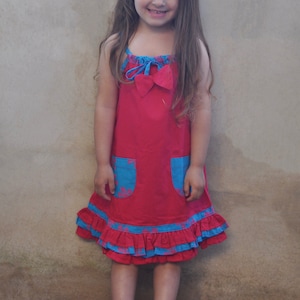 Summer Pinafore Little Girls Dress with Two Pockets, Toddler Boho Dress for Hot Days with Adjustable Tie Straps, Midi Apron Dress for Kids