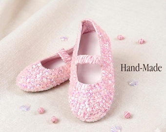 Handmade Sequin Mary Jane Shoes, Sparkly Pink Toddler Flats, Flower Girl Party Wear