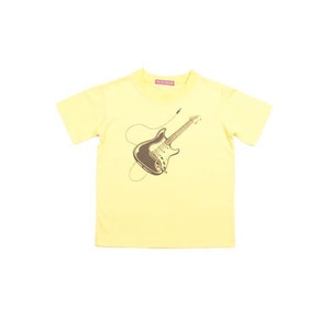 May include: A yellow short-sleeved t-shirt with a brown electric guitar graphic and a cord.