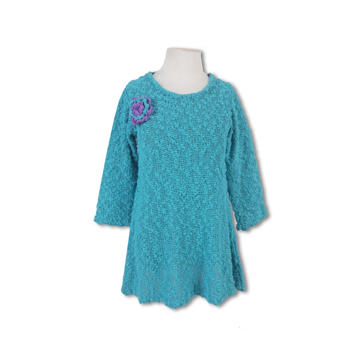 Girl Popcorn Dress With Hand Crochet Flower, Crochet Toddler Tunic