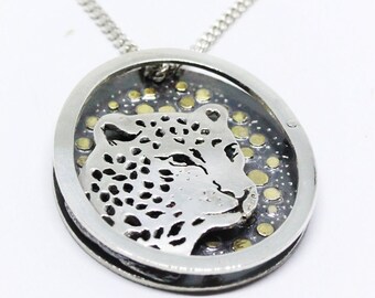 Leopard Pendant Necklace for Women, Contemporary Jewelry,  Animal Pendant Necklace, Handcrafted Pendant, Unique Silver and Gold Necklace