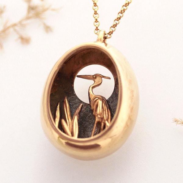 Blue Heron Sculptural Necklace, Bird Landscape Pendant Necklace, Animal Necklace, Nature Necklace, 3d Pendant Necklace, Contemporary Jewelry