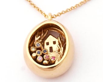 Colgante de casa en miniatura, colgante de casa pequeña de oro, collar de zafiro único, collar de piedras preciosas para mujer, joyería contemporánea, regalo especial