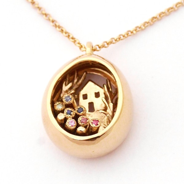 Miniature House Pendant, Tiny Gold House Pendant, Unique Sapphire Necklace, Gemstones Necklace For Women, Contemporary Jewelry, Special Gift