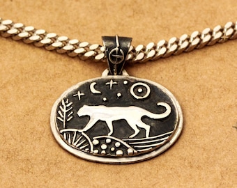 Leopard Sterling Silver Pendant Necklace, Handmade Medallion Silver Necklace, Unique Gift for Woman, Animal Lovers Gift, Handmade Jewelry