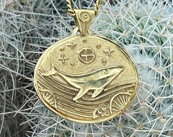 Gold Whale Pendant Necklace, Handmade Medallion Gold Necklace, Gold Whale Medallion Pendant Animal Lovers Gift Handmade Jewelry