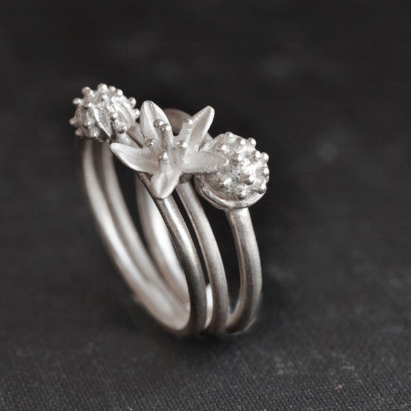 Set di anelli impilabili in argento sterling, set di anelli a forma di fiore, set di anelli in argento sterling per donna, set di anelli in argento sterling per tutti i giorni, set di 3 anelli