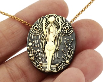 Sun Goddess Pendant Necklace For Women, Unique Gift For Women, Sun Goddess Jewelry, Statement Zodiac Necklace, Art Nouveau Necklace