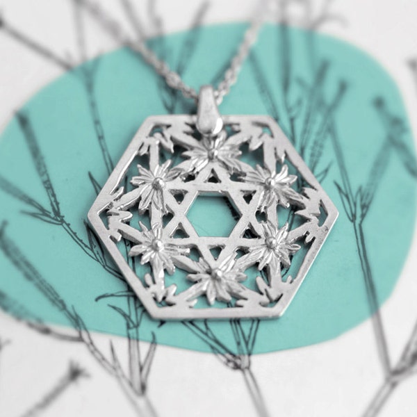 Unique Star Of David Necklace for Women Flower Patterned Hexagon Sterling Silver Pendant, Made in Israel Jewish Jewelry
