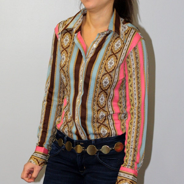 Vintage Women's Clothing / 1970s-1980s  Psychedelic Pattern Blouse/ Small - Medium