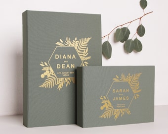 Unique Photo Guest Book Wedding Album Sage Green Gold matte Foil Lettering, Personalized Instax picture Slip-in album | Liumy Albums